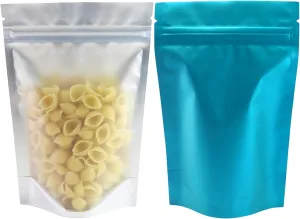 100pcs Frosted Clear Window Stand Up Colored Metallic Foil Resealable Zipper Seal Bags (Blue, Standup | 2oz)