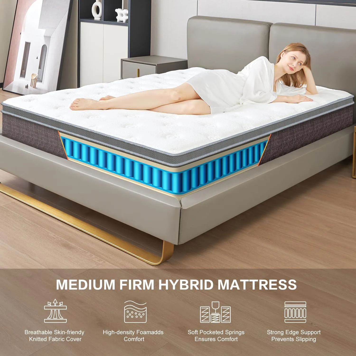 12 Inch Dark Grey Queen Spring Mattress,Medium Firm with Gel Memory Foam,Individually Pocketed Coil,Fiberglass-Free Fire Retardant CertiPUR-US Certified,80"*60"*12"