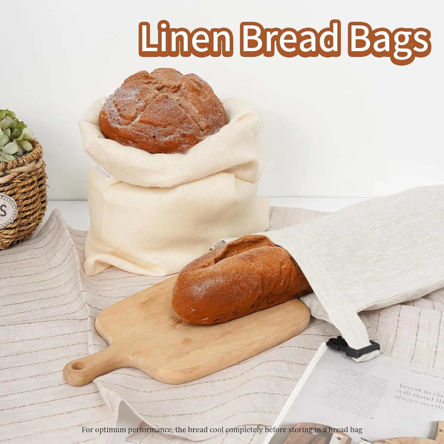 2 Pack 100% Linen Bread Bags for Homemade Bread Sourdough 13 x 19.6 Inch Reusable Bread Storage Bag 7.8 x 28.7 Inch for large Baguette (White)
