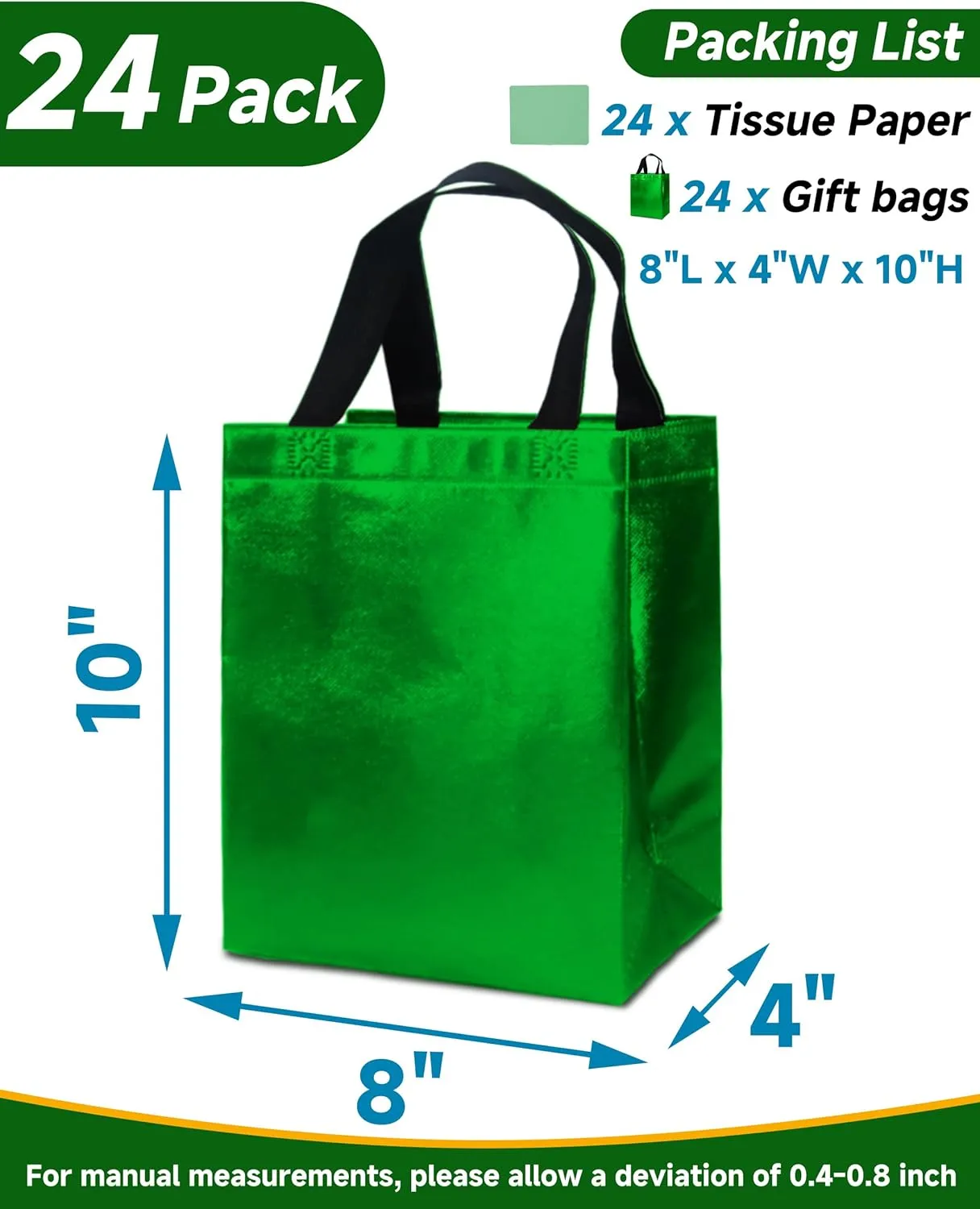 24 Green Gift Bags with Tissues - Medium Sturdy Reusable, Glossy Metallic Non Woven 8x4x10 for Christmas, Easter, Graduations, Birthdays & Parties