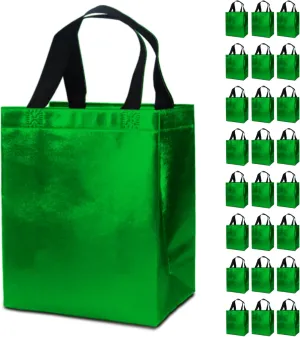 24 Green Gift Bags with Tissues - Medium Sturdy Reusable, Glossy Metallic Non Woven 8x4x10 for Christmas, Easter, Graduations, Birthdays & Parties