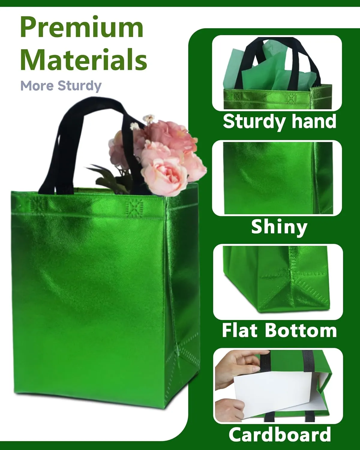 24 Green Gift Bags with Tissues - Medium Sturdy Reusable, Glossy Metallic Non Woven 8x4x10 for Christmas, Easter, Graduations, Birthdays & Parties