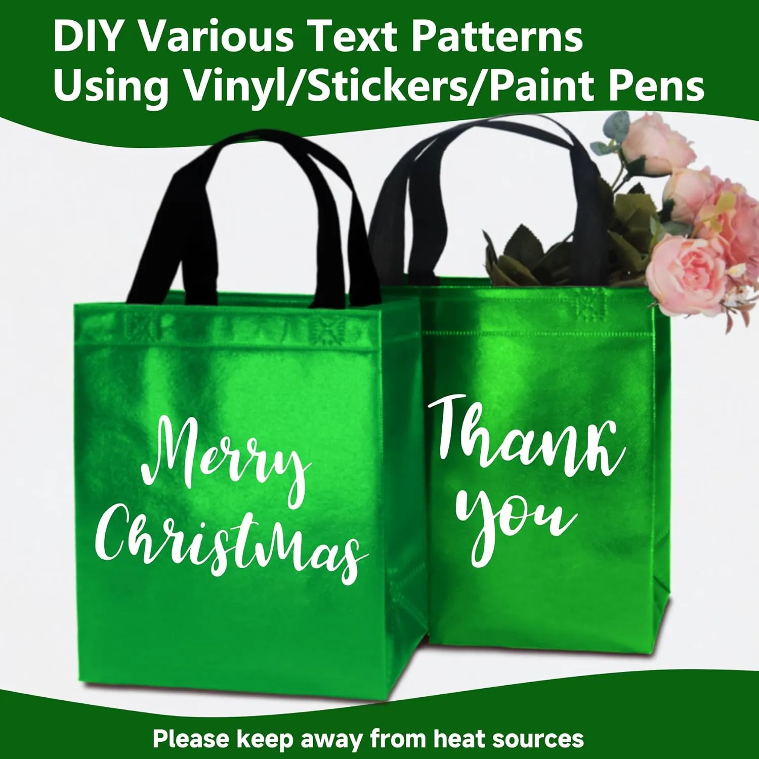 24 Green Gift Bags with Tissues - Medium Sturdy Reusable, Glossy Metallic Non Woven 8x4x10 for Christmas, Easter, Graduations, Birthdays & Parties