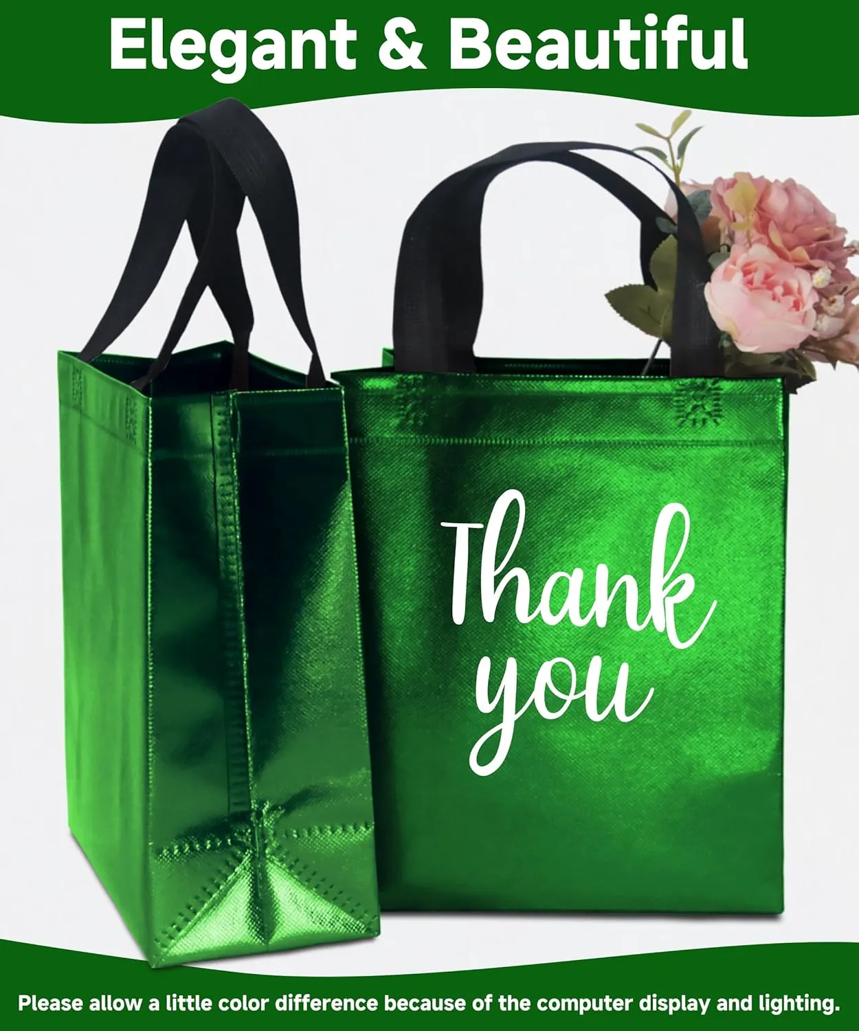 24 Green Gift Bags with Tissues - Medium Sturdy Reusable, Glossy Metallic Non Woven 8x4x10 for Christmas, Easter, Graduations, Birthdays & Parties