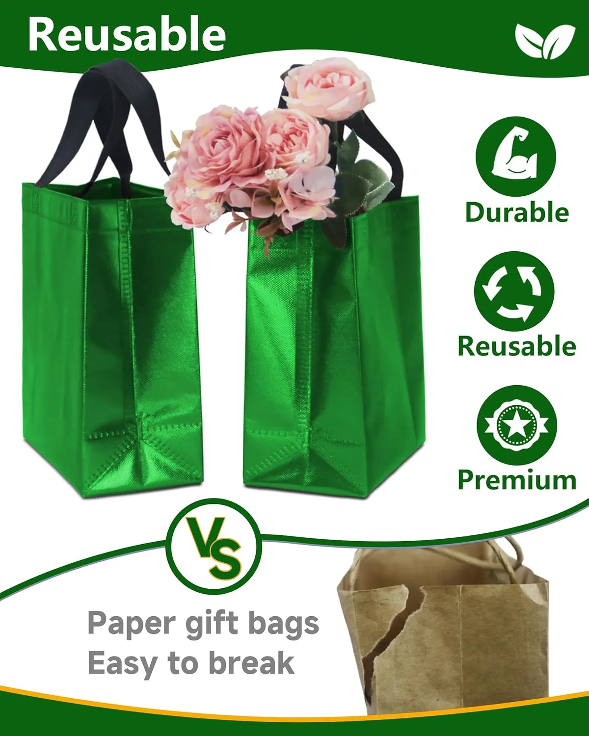 24 Green Gift Bags with Tissues - Medium Sturdy Reusable, Glossy Metallic Non Woven 8x4x10 for Christmas, Easter, Graduations, Birthdays & Parties