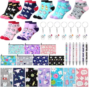 35 Pcs Dental Hygienist Appreciation Gift Set, Include Teeth Socks Dental Assistant Makeup Bag Tooth Shape Keychain Mini Notebooks Teeth Ballpoint Pens Dentist Gift Bulks for Hygienist Women