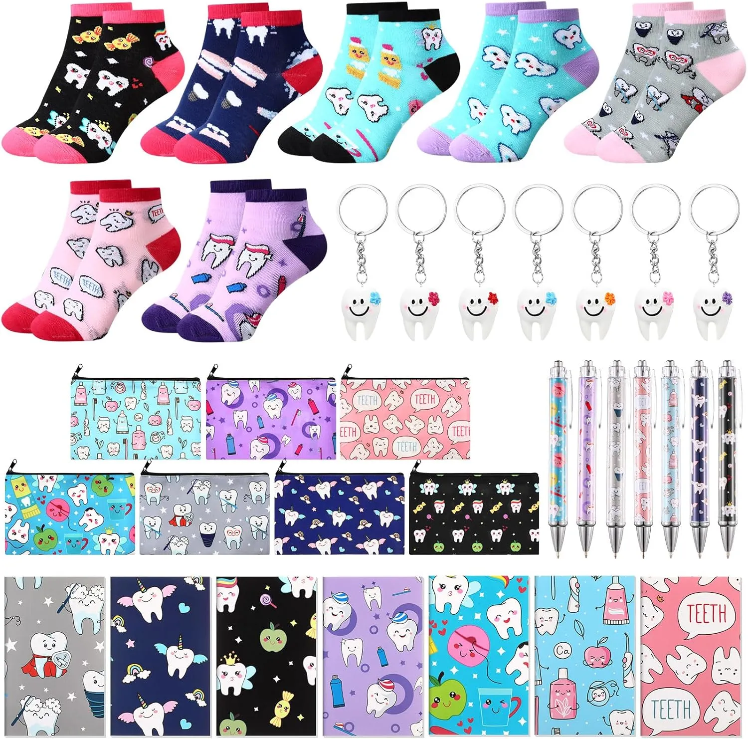 35 Pcs Dental Hygienist Appreciation Gift Set, Include Teeth Socks Dental Assistant Makeup Bag Tooth Shape Keychain Mini Notebooks Teeth Ballpoint Pens Dentist Gift Bulks for Hygienist Women