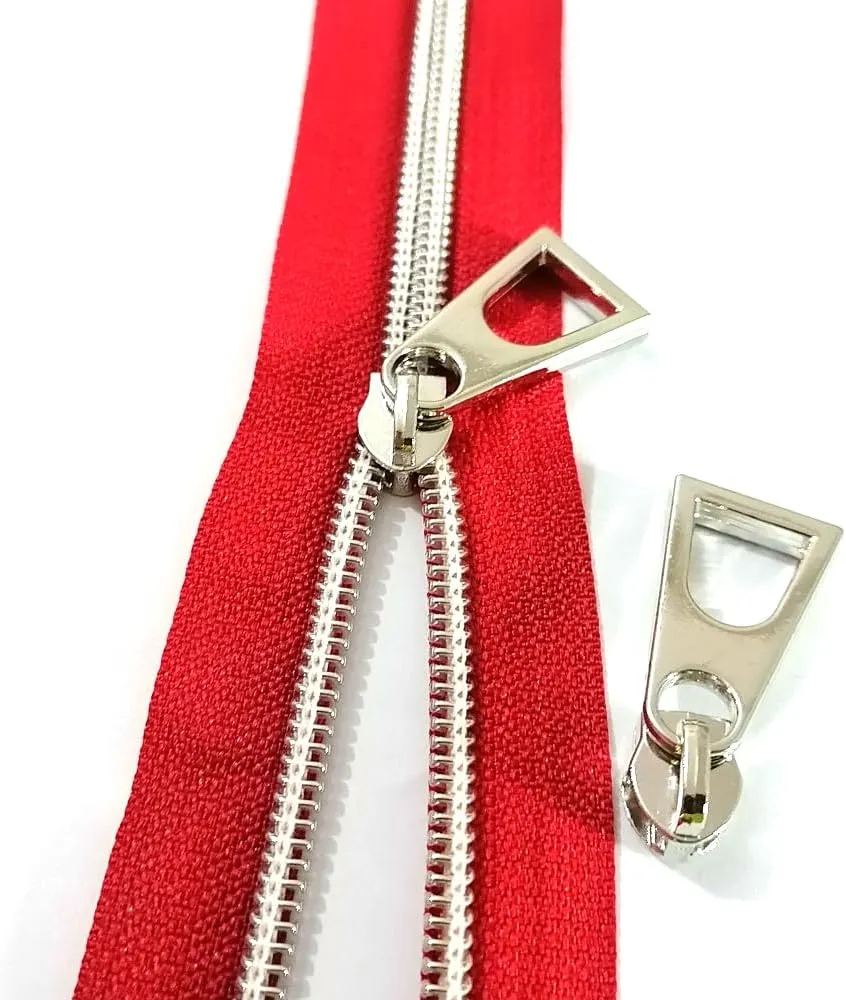 #5 Silver Metallic Nylon Coil Zipper Tape by The Yard Bulk Coil Zipper Roll 10 Yards with 20pcs Pulls for DIY Sewing Craft Bags (Red Tape)