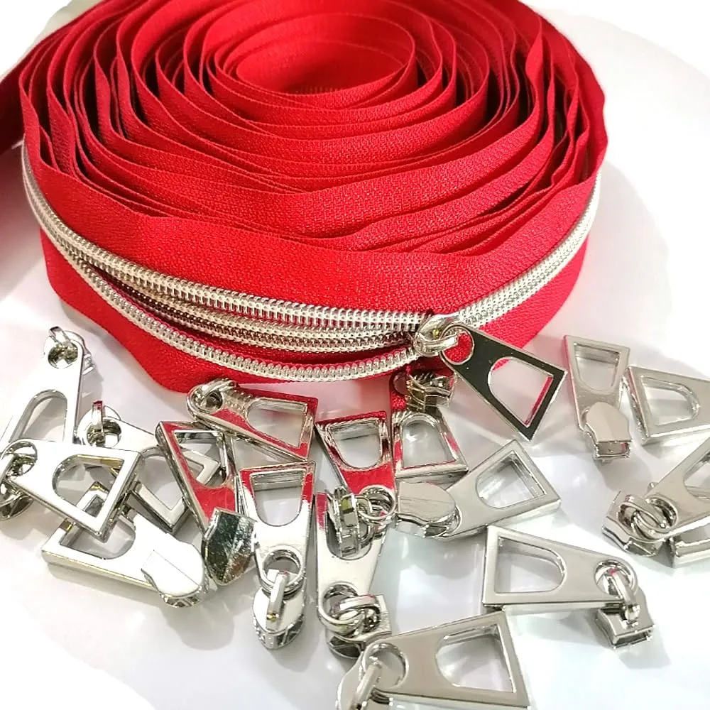 #5 Silver Metallic Nylon Coil Zipper Tape by The Yard Bulk Coil Zipper Roll 10 Yards with 20pcs Pulls for DIY Sewing Craft Bags (Red Tape)