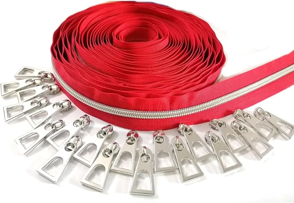 #5 Silver Metallic Nylon Coil Zipper Tape by The Yard Bulk Coil Zipper Roll 10 Yards with 20pcs Pulls for DIY Sewing Craft Bags (Red Tape)
