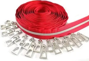 #5 Silver Metallic Nylon Coil Zipper Tape by The Yard Bulk Coil Zipper Roll 10 Yards with 20pcs Pulls for DIY Sewing Craft Bags (Red Tape)