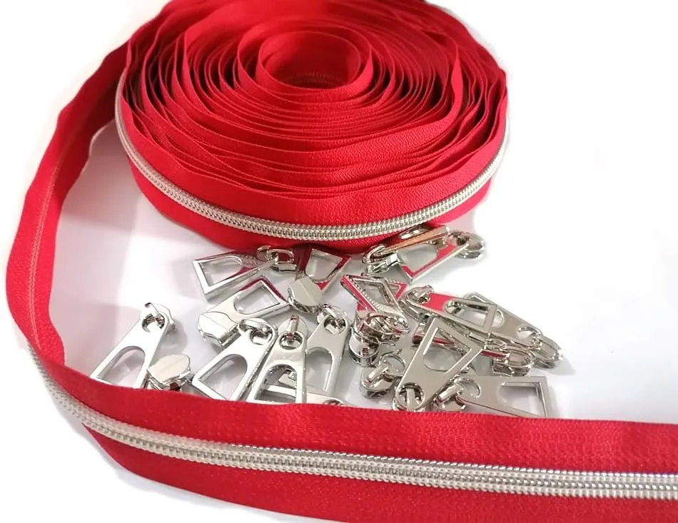#5 Silver Metallic Nylon Coil Zipper Tape by The Yard Bulk Coil Zipper Roll 10 Yards with 20pcs Pulls for DIY Sewing Craft Bags (Red Tape)