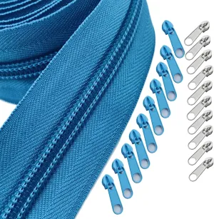 #5Nylon Coil Zipper Tape10 Yard Long Zippers by The Yard with 10 Pcs Colorful Bulk Metal Sliders and 10pcs Silver Sliders for DIY Sewing Assorted Lengths Purse Tailor Craft Bags Making Clothing(Blue)