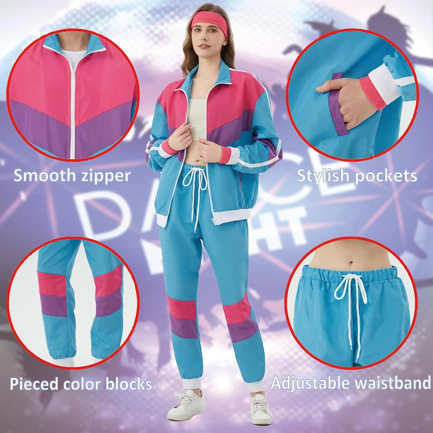 80s Tracksuit for Men Women 90s Windbreaker Retro Track Suit Costume 80s Outfit for Couples