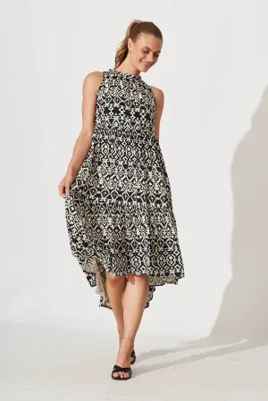 Abbotsford Midi Smock Dress In Black Geometric Print