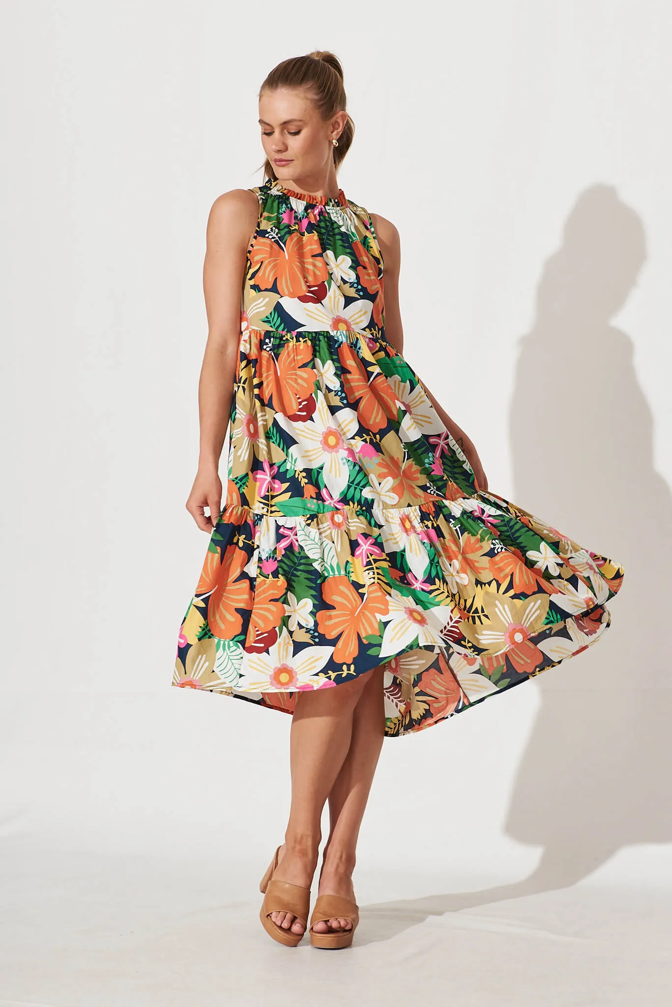 Abbotsford Midi Smock Dress In Multi Floral Cotton