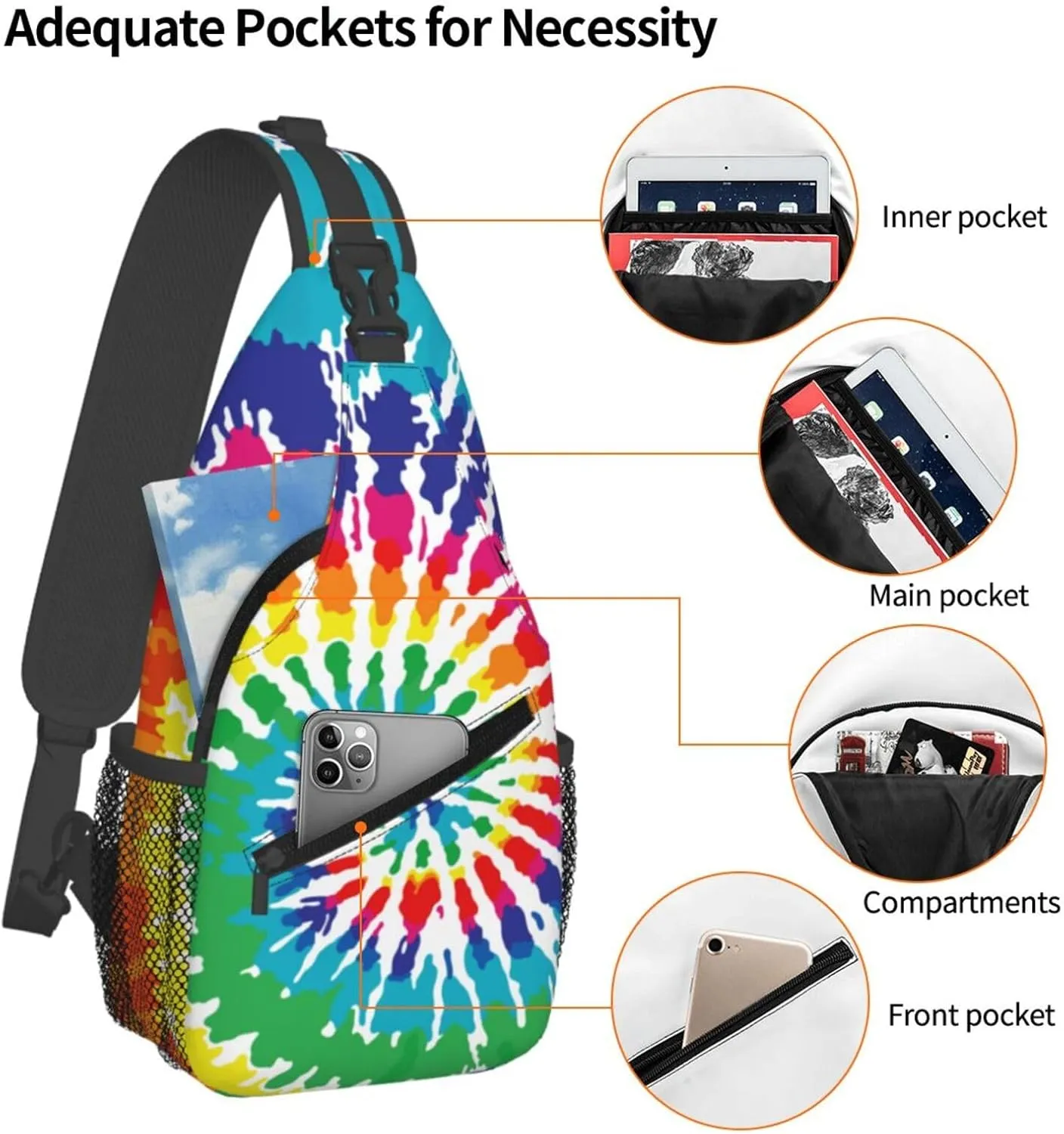 Abstract Rainbow Tie Dye Pattern Chest Bags Crossbody Sling Bag Shoulder Bag Travel Hiking Daypack For Men Women