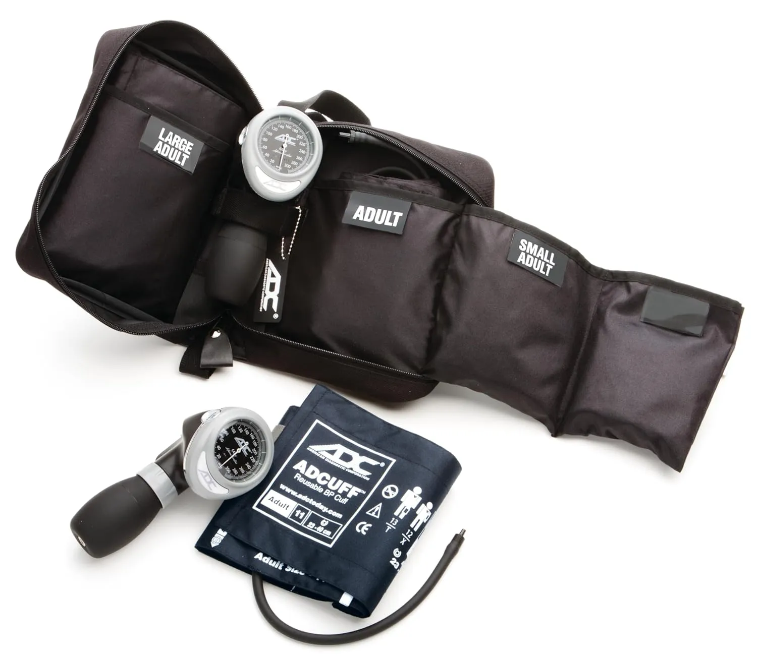 ADC Multikuf 731 3-Cuff EMT Kit with 804 Portable Palm Aneroid Sphygmomanometer, Small Adult, Adult and Large Adult Blood Pressure Cuffs (19-50 cm), Black Nylon Zipper Storage Case, Multi-color, Small Adult, Adult & Large Adult (19-50cm)