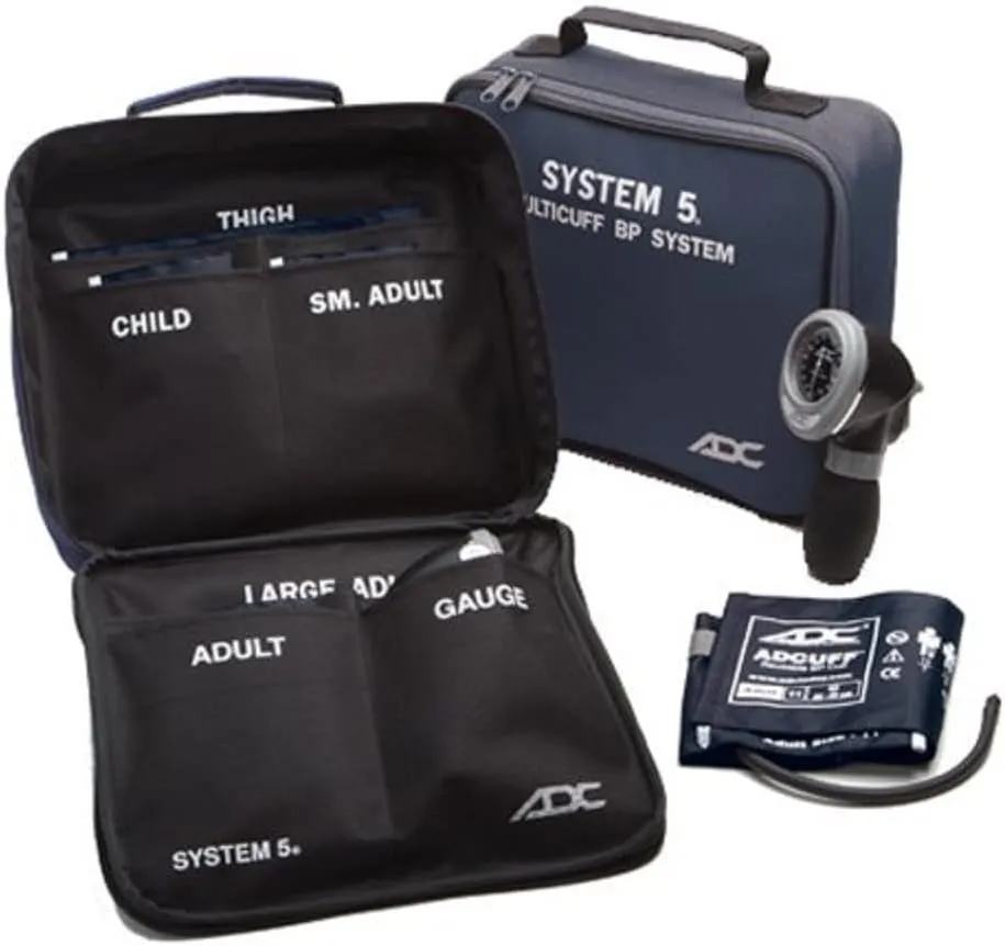 ADC Multikuf 740 5-Cuff EMT Kit with 804 Portable Palm Aneroid Sphygmomanometer, Child, Small Adult, Adult, Large Adult and Thigh Blood Pressure Cuffs (13-66 cm), Black Nylon Zipper Storage Case, Navy
