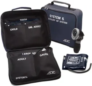 ADC Multikuf 740 5-Cuff EMT Kit with 804 Portable Palm Aneroid Sphygmomanometer, Child, Small Adult, Adult, Large Adult and Thigh Blood Pressure Cuffs (13-66 cm), Black Nylon Zipper Storage Case, Navy