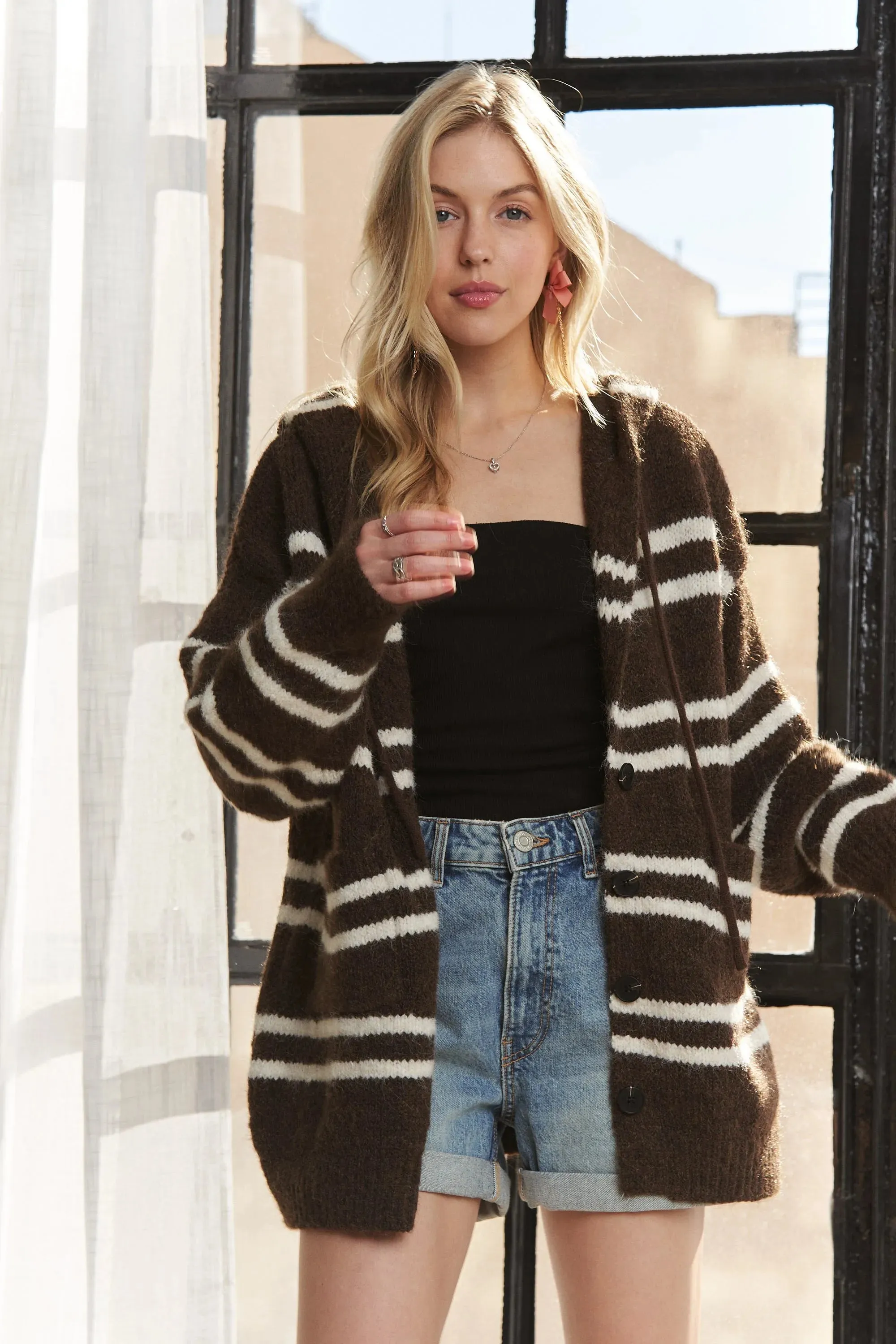ADORA Horizontal Stripes Hoodie Cardigan