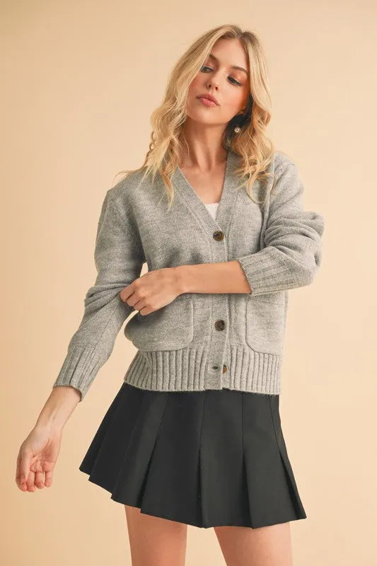 Aemi   Co Ribbed Hem Button Down V-Neck Cardigan