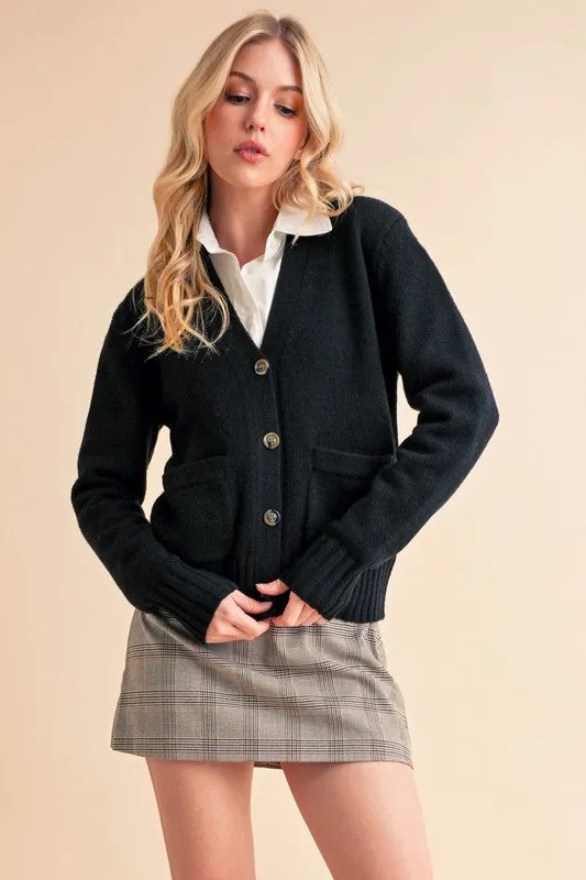 Aemi   Co Ribbed Hem Button Down V-Neck Cardigan