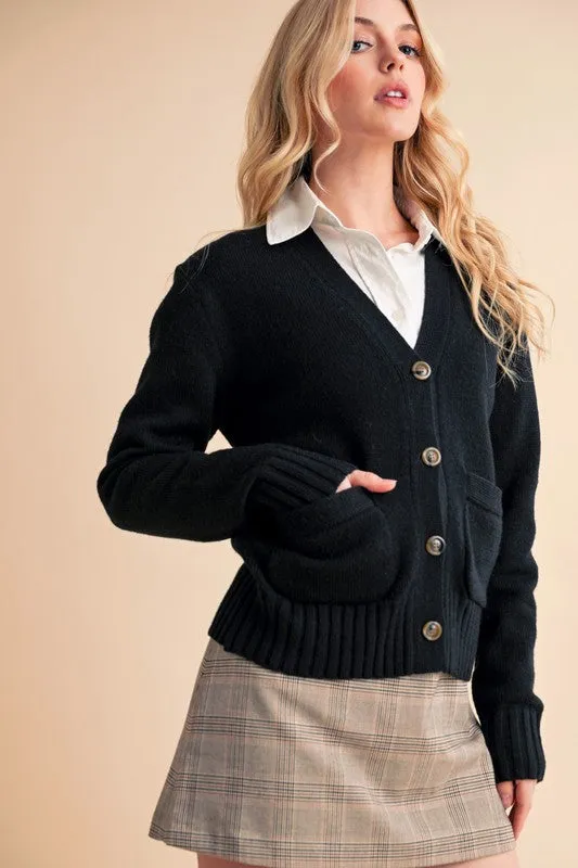 Aemi   Co Ribbed Hem Button Down V-Neck Cardigan