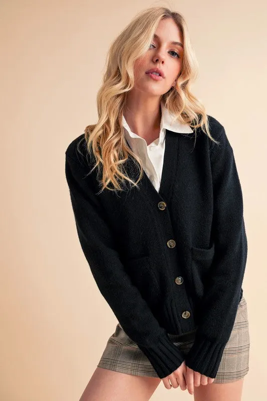 Aemi   Co Ribbed Hem Button Down V-Neck Cardigan