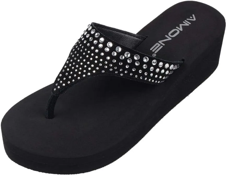 AIMONE-Muriel Women Wedge Heel Flip Flops Comfy Platform Rhinestone Beach Sandals