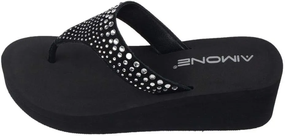 AIMONE-Muriel Women Wedge Heel Flip Flops Comfy Platform Rhinestone Beach Sandals