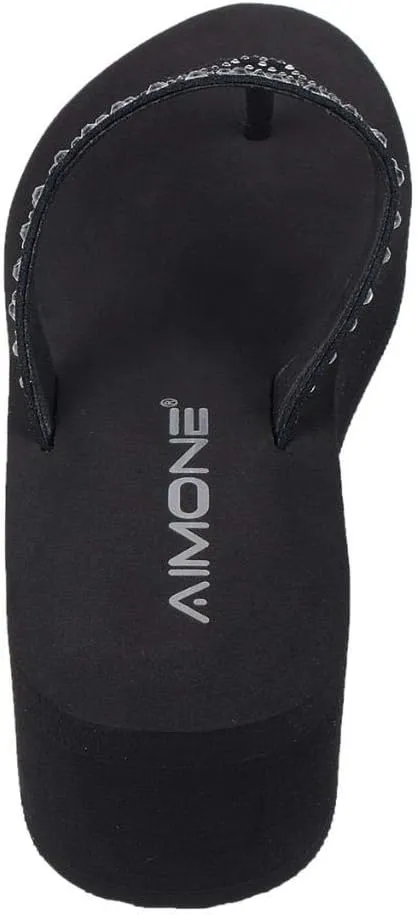 AIMONE-Muriel Women Wedge Heel Flip Flops Comfy Platform Rhinestone Beach Sandals