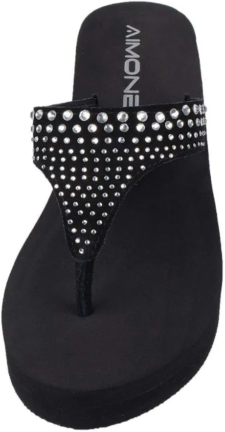 AIMONE-Muriel Women Wedge Heel Flip Flops Comfy Platform Rhinestone Beach Sandals
