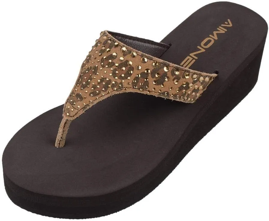 AIMONE-Muriel Women Wedge Heel Flip Flops Comfy Platform Rhinestone Beach Sandals