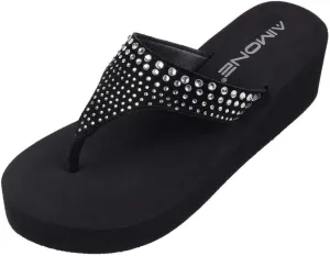 AIMONE-Muriel Women Wedge Heel Flip Flops Comfy Platform Rhinestone Beach Sandals