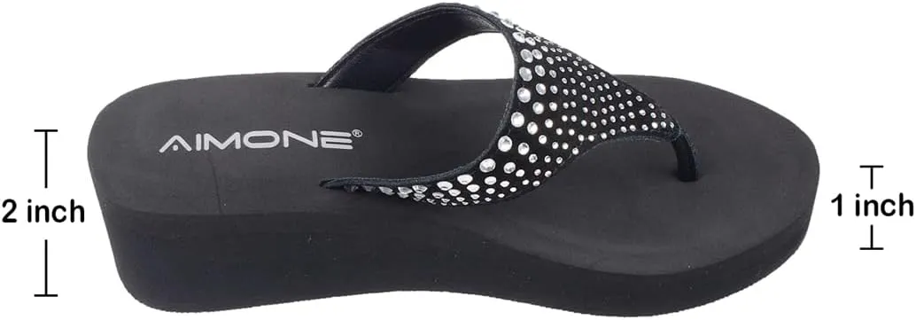 AIMONE-Muriel Women Wedge Heel Flip Flops Comfy Platform Rhinestone Beach Sandals