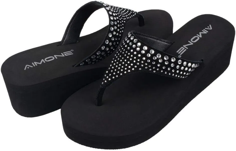 AIMONE-Muriel Women Wedge Heel Flip Flops Comfy Platform Rhinestone Beach Sandals