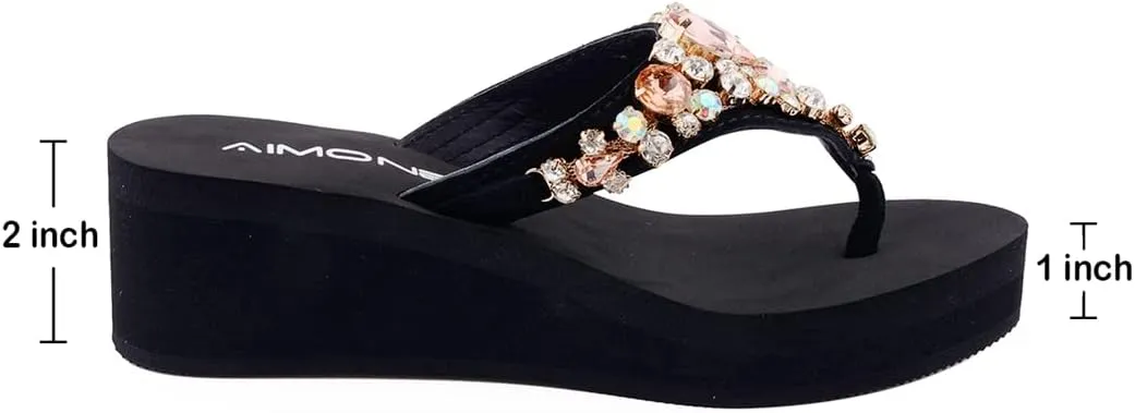 AIMONE_Aurelie Flip Flops for Women Black Platform Wedge Peach Bling Rhinestone Sandals
