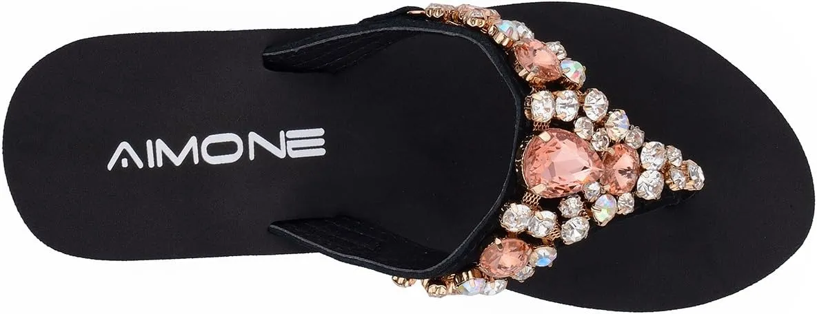 AIMONE_Aurelie Flip Flops for Women Black Platform Wedge Peach Bling Rhinestone Sandals