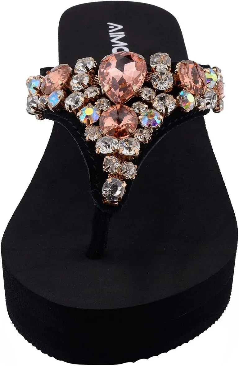 AIMONE_Aurelie Flip Flops for Women Black Platform Wedge Peach Bling Rhinestone Sandals