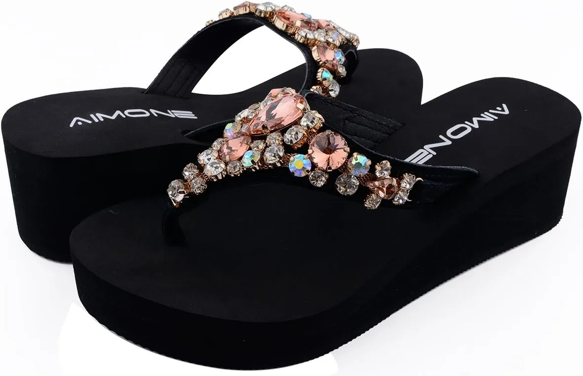 AIMONE_Aurelie Flip Flops for Women Black Platform Wedge Peach Bling Rhinestone Sandals