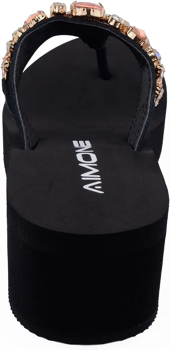 AIMONE_Aurelie Flip Flops for Women Black Platform Wedge Peach Bling Rhinestone Sandals