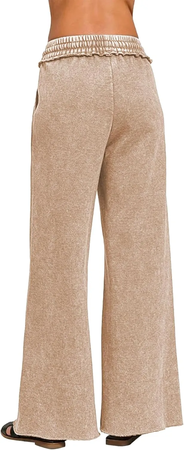 Ainangua Women Acid Wash Palazzo Sweatpants Casual High Waist Drawstring Wide Leg Pants Baggy Fleece Trousers with Pockets