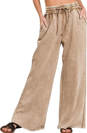 Ainangua Women Acid Wash Palazzo Sweatpants Casual High Waist Drawstring Wide Leg Pants Baggy Fleece Trousers with Pockets