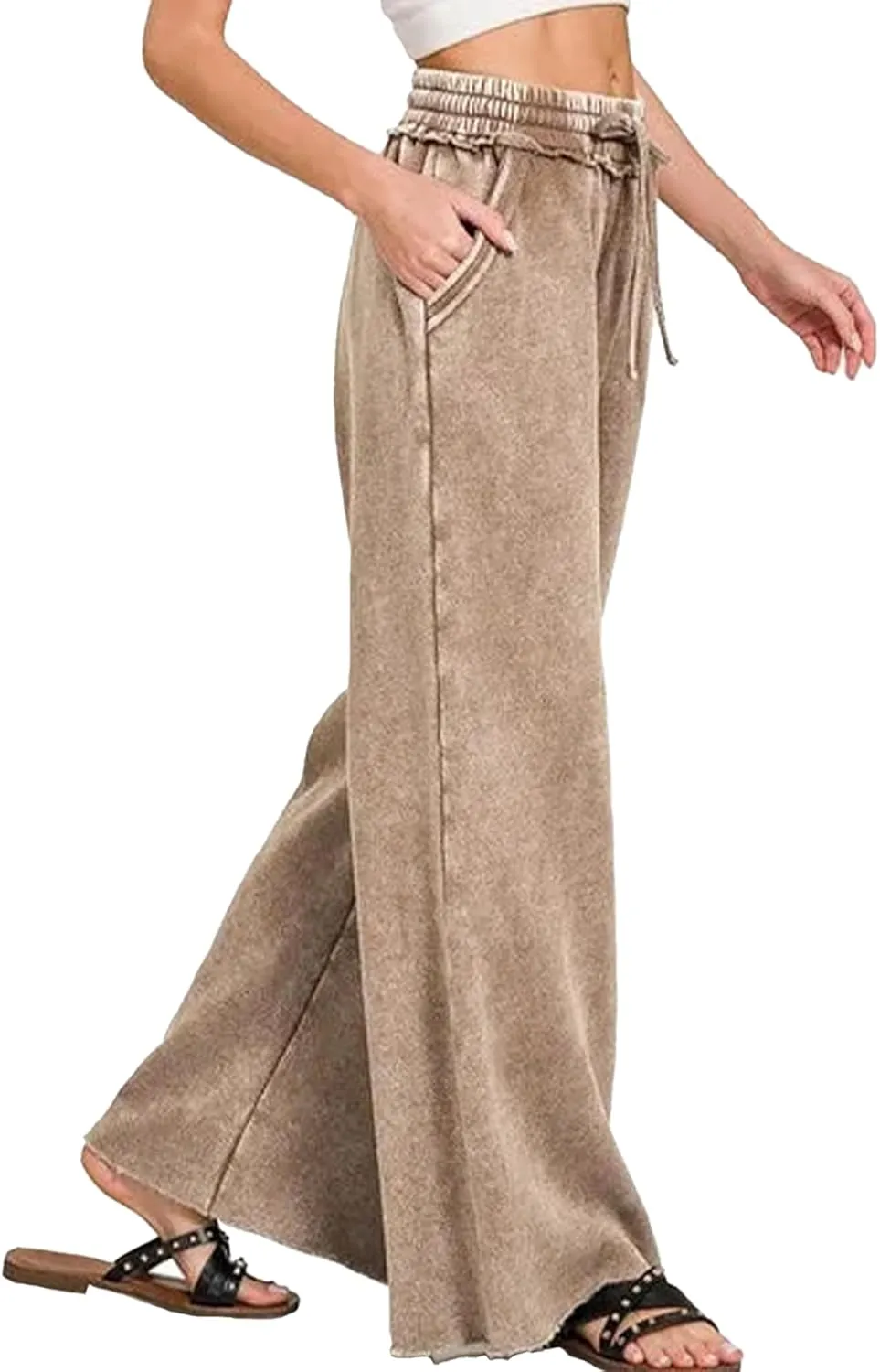 Ainangua Women Acid Wash Palazzo Sweatpants Casual High Waist Drawstring Wide Leg Pants Baggy Fleece Trousers with Pockets
