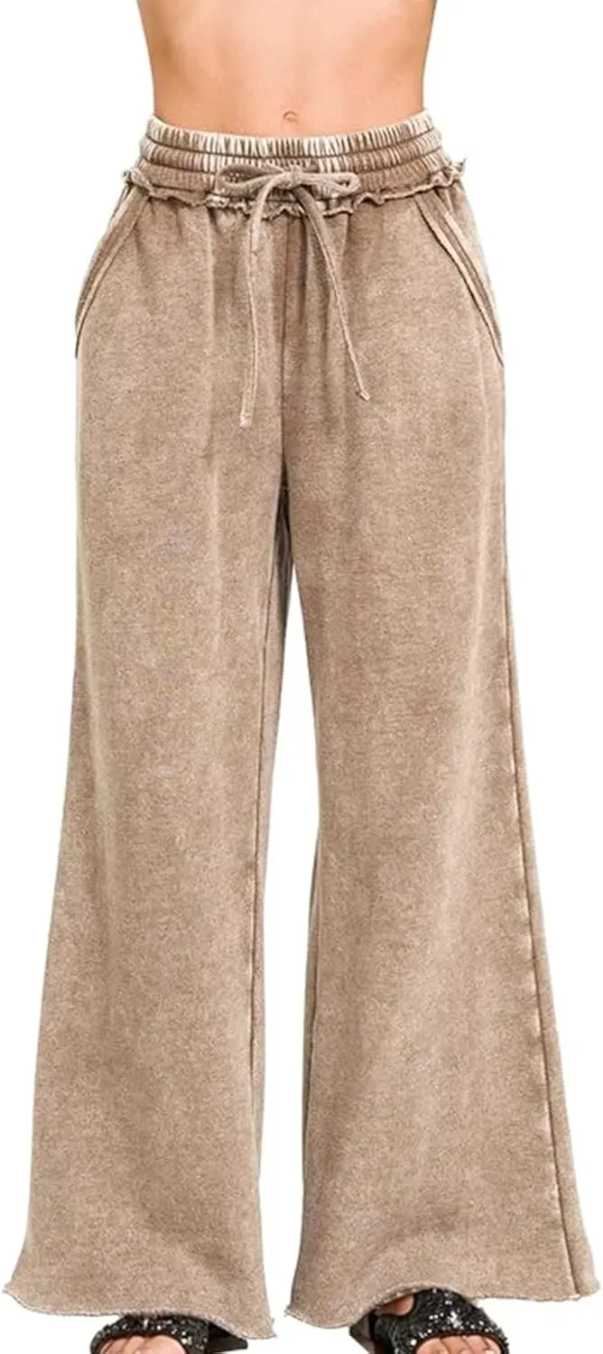 Ainangua Women Acid Wash Palazzo Sweatpants Casual High Waist Drawstring Wide Leg Pants Baggy Fleece Trousers with Pockets