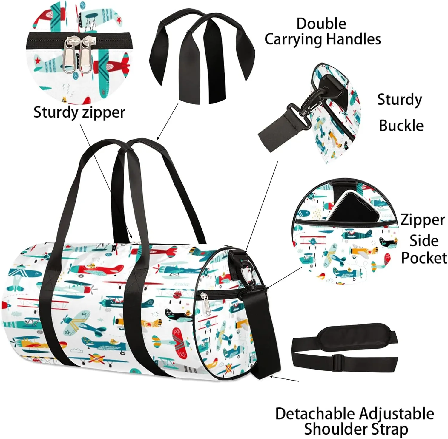 Airplane Print Sports Gym Bag for Men Women Lightweight Travel Duffle Bag with Shoulder Strap Waterproof Carry On Weekender Overnight Bag for Travel Sports Gym