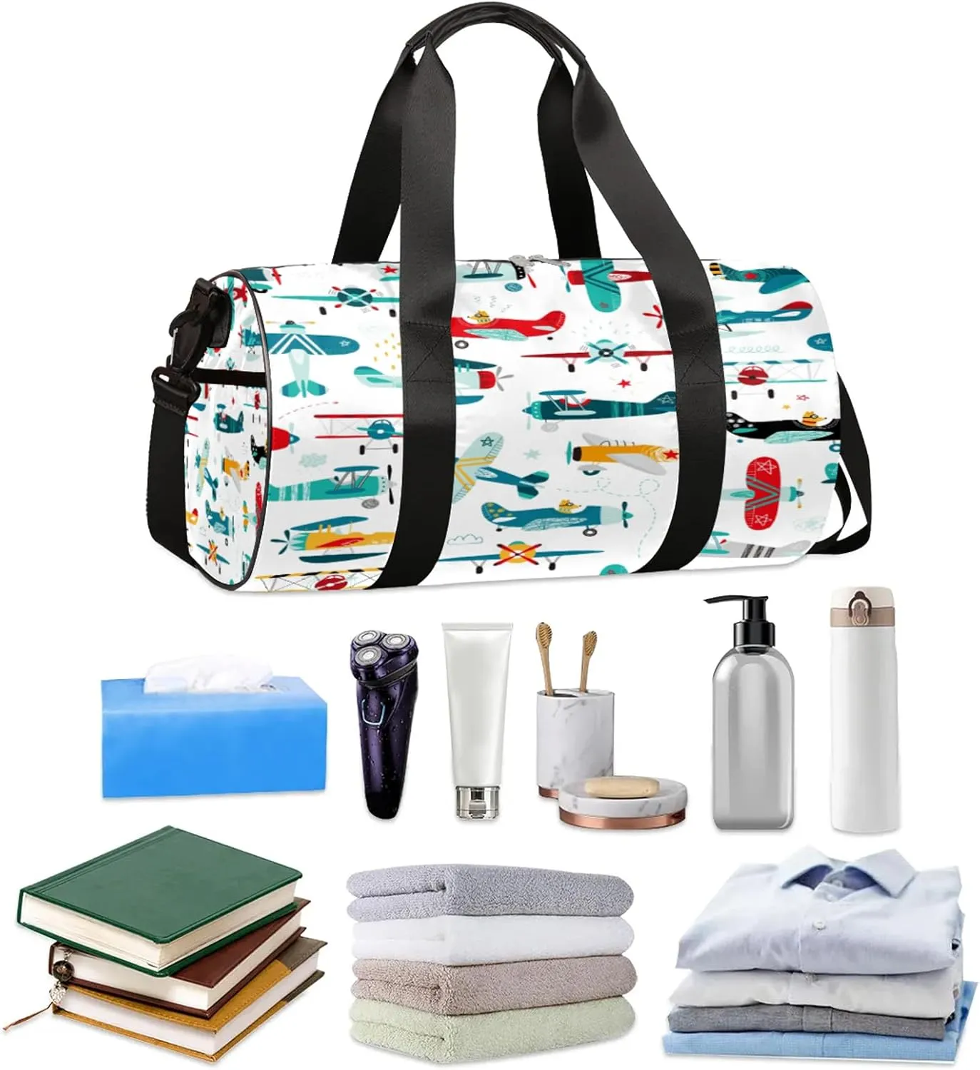 Airplane Print Sports Gym Bag for Men Women Lightweight Travel Duffle Bag with Shoulder Strap Waterproof Carry On Weekender Overnight Bag for Travel Sports Gym