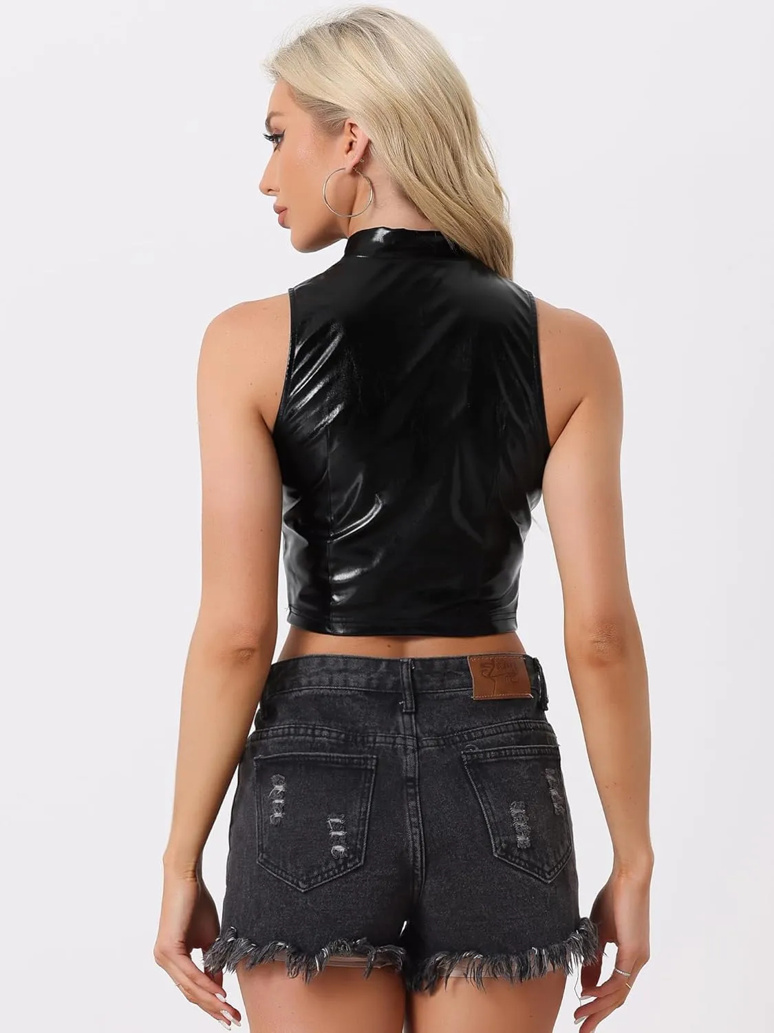 Allegra K Metallic Crop Tops for Women's Mock Neck Zip Up Sleeveless Shiny Holographic Tank Top