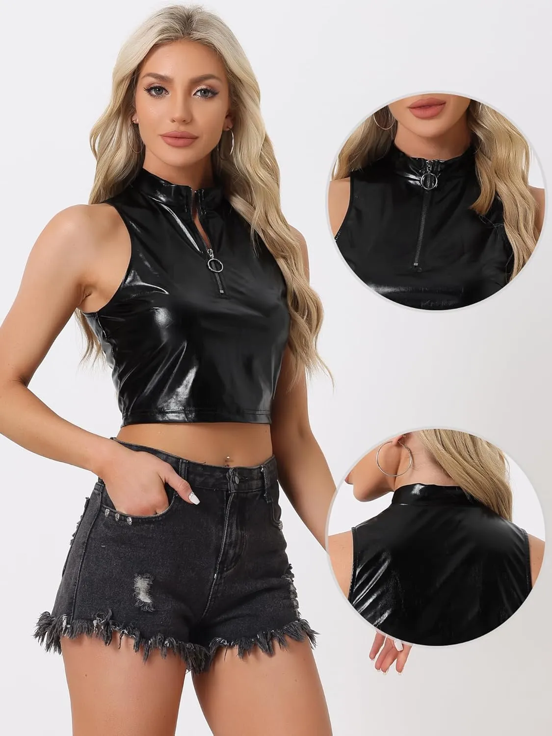 Allegra K Metallic Crop Tops for Women's Mock Neck Zip Up Sleeveless Shiny Holographic Tank Top